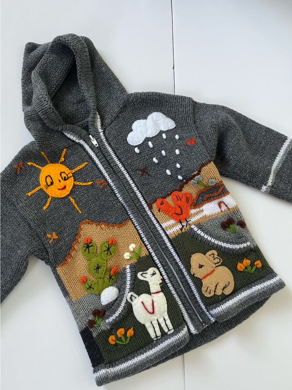 Kids Grey Peruvian Hooded Zip-Up Sweater with Sunny Animal Appliqués
